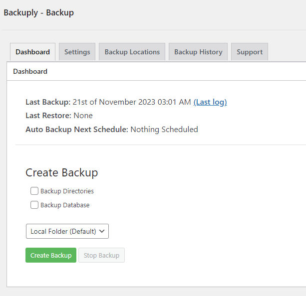 Backuply - Backup settings